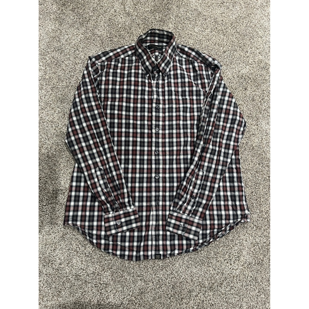 Allen Edmonds Mens Large Plaid Button Down Shirt Burgundy Black White Cotton